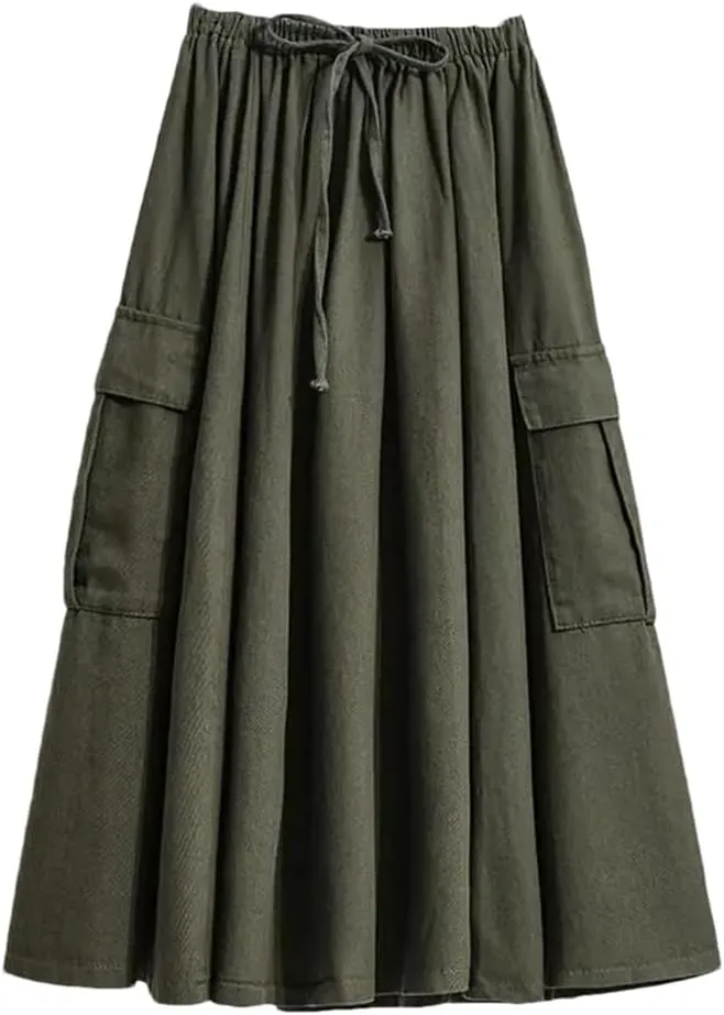 Women Summer Cotton Casual Solid Color Loose Female High Waist Mid Length A-Line Skirts
