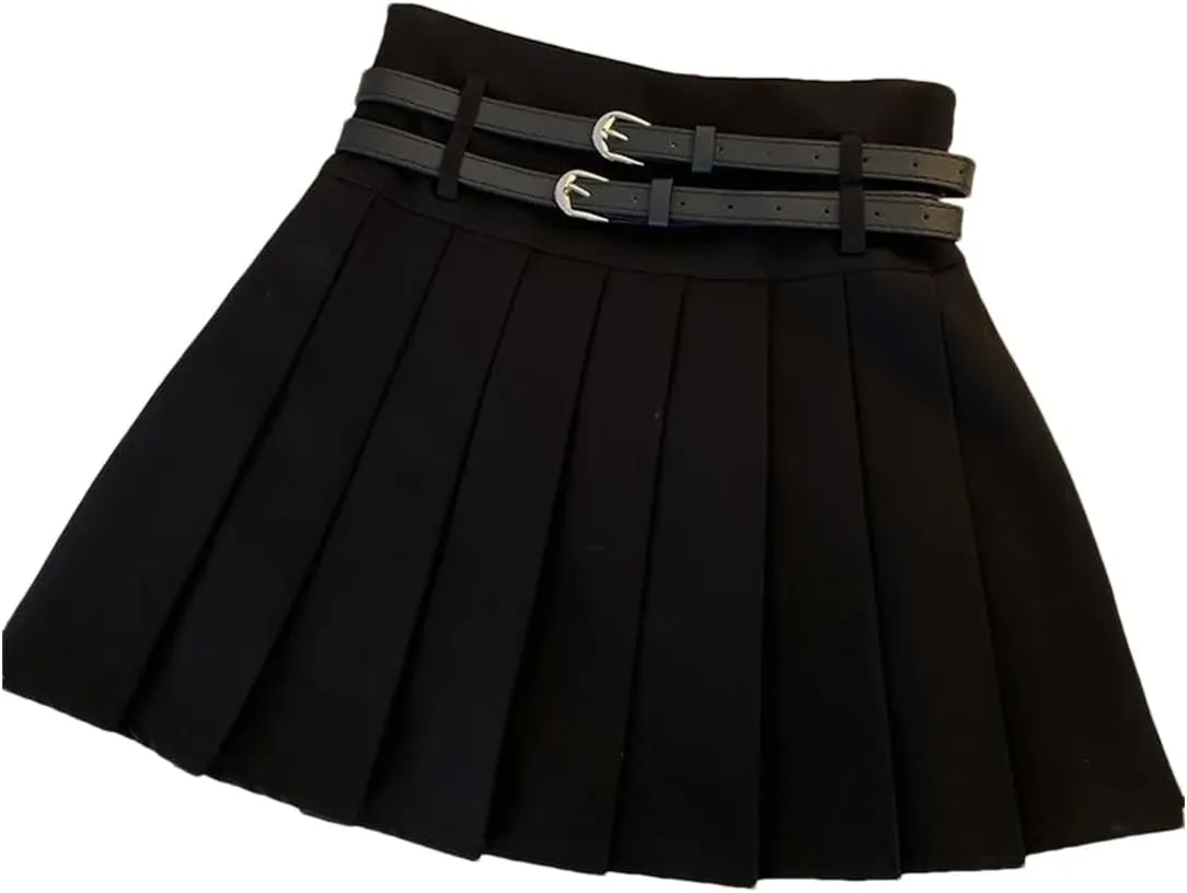Women Summer High Waist Casual Mini Skirt Solid with Double Belt Pleated A Line Skirts