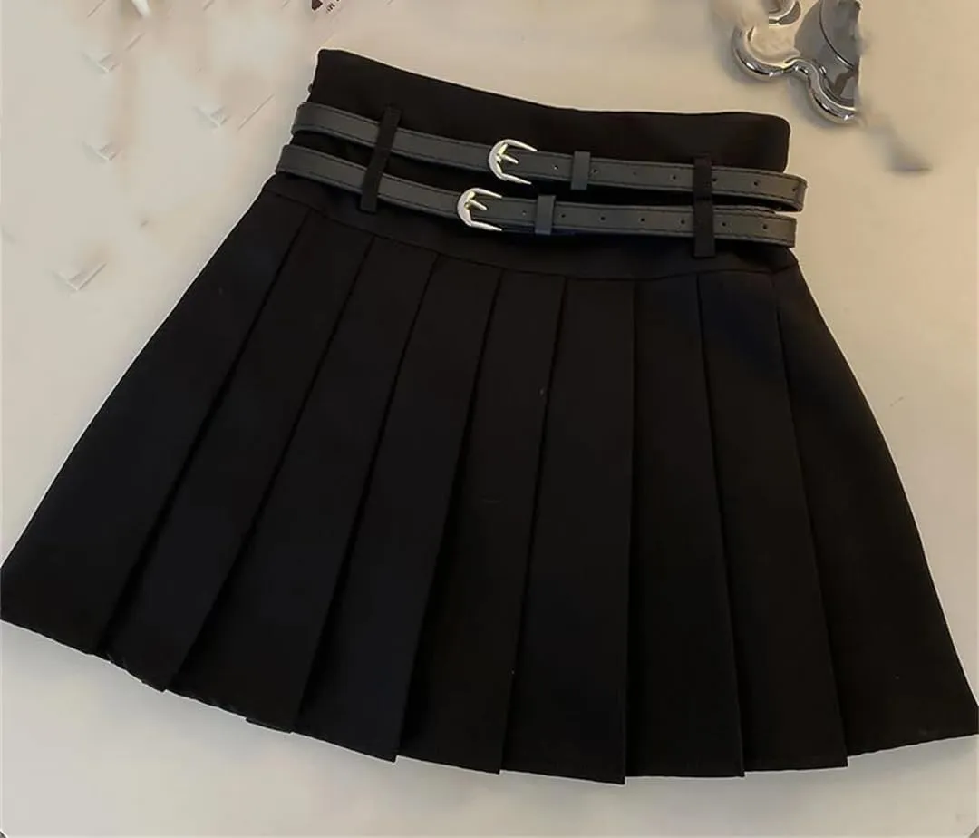 Women Summer High Waist Casual Mini Skirt Solid with Double Belt Pleated A Line Skirts