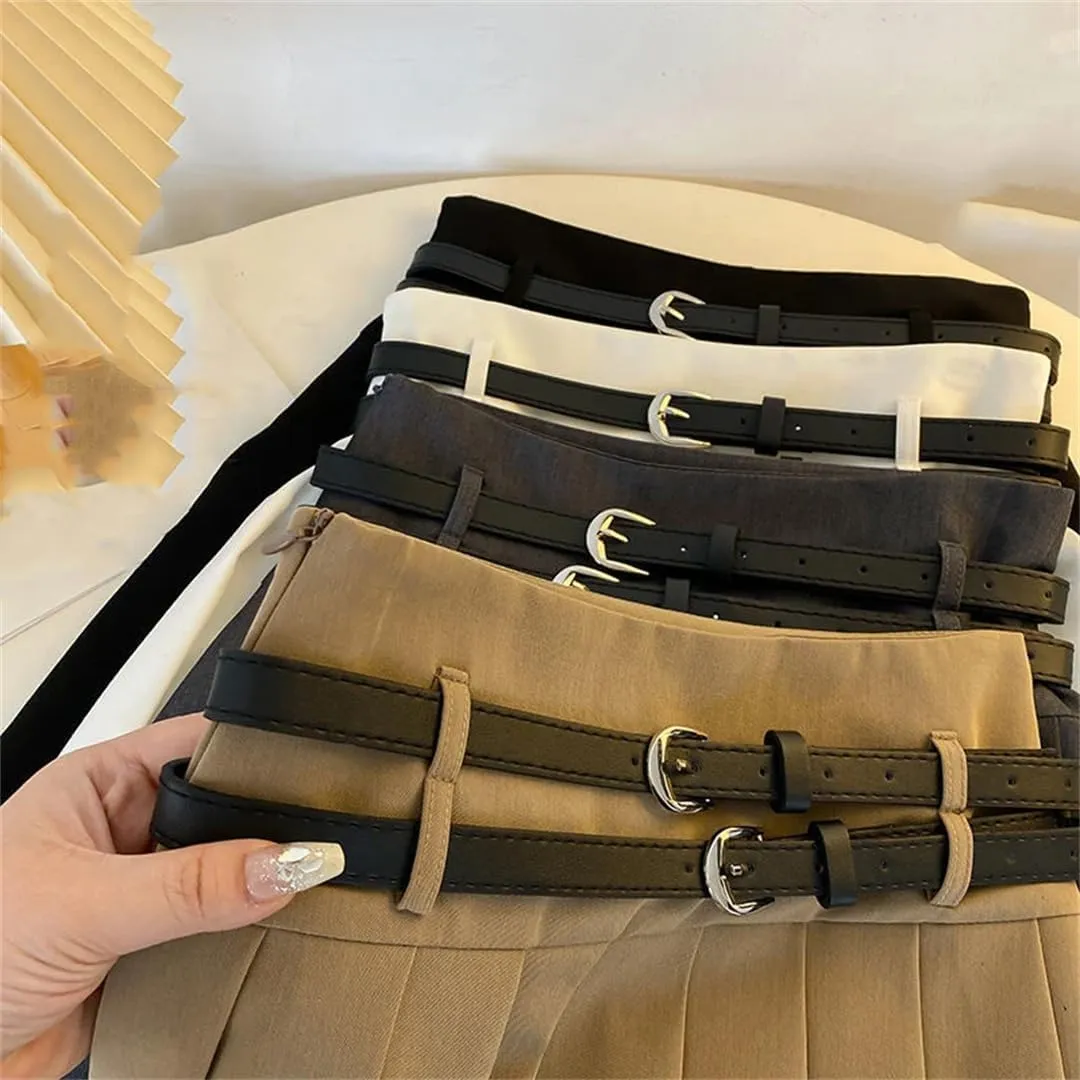 Women Summer High Waist Casual Mini Skirt Solid with Double Belt Pleated A Line Skirts