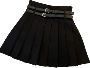 Women Summer High Waist Casual Mini Skirt Solid with Double Belt Pleated A Line Skirts