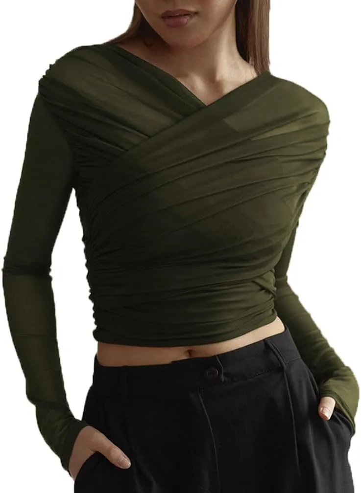 Women Trendy V Neck Sheer Mesh Ruched Crop T Shirt Slim Fit Solid Long Sleeve See Through Pleated Top Y2k Outfits