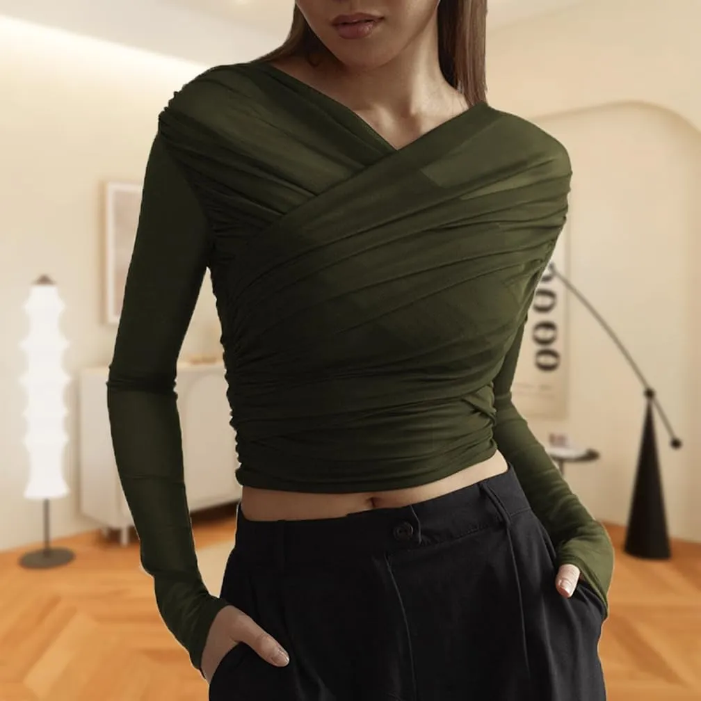 Women Trendy V Neck Sheer Mesh Ruched Crop T Shirt Slim Fit Solid Long Sleeve See Through Pleated Top Y2k Outfits