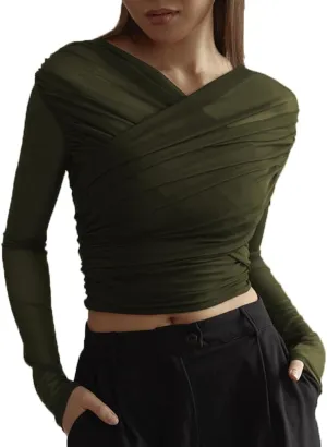 Women Trendy V Neck Sheer Mesh Ruched Crop T Shirt Slim Fit Solid Long Sleeve See Through Pleated Top Y2k Outfits