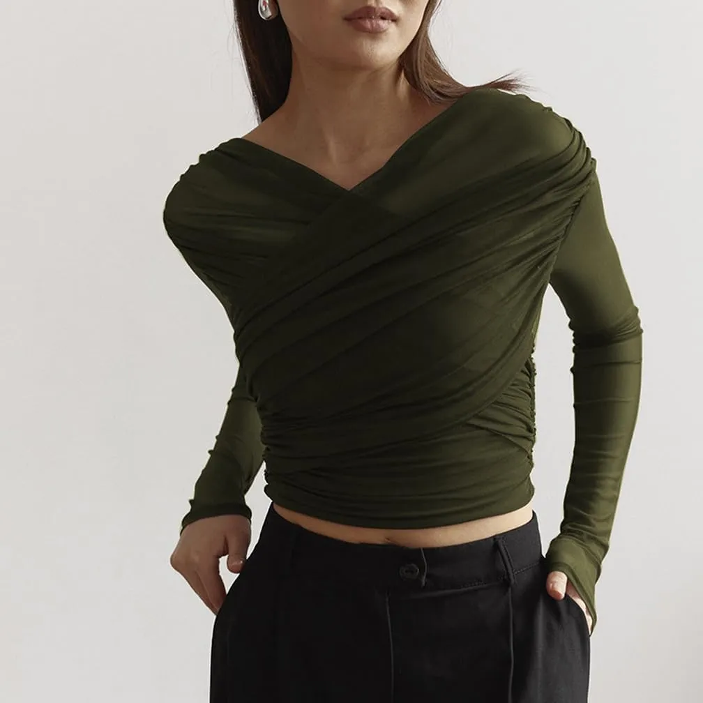 Women Trendy V Neck Sheer Mesh Ruched Crop T Shirt Slim Fit Solid Long Sleeve See Through Pleated Top Y2k Outfits