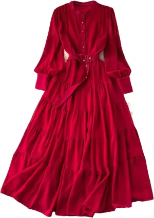 Women V Neck Spring Sashes Single Breasted Chiffon Dresses A-Line Flare Sleeve Vacation Dresses