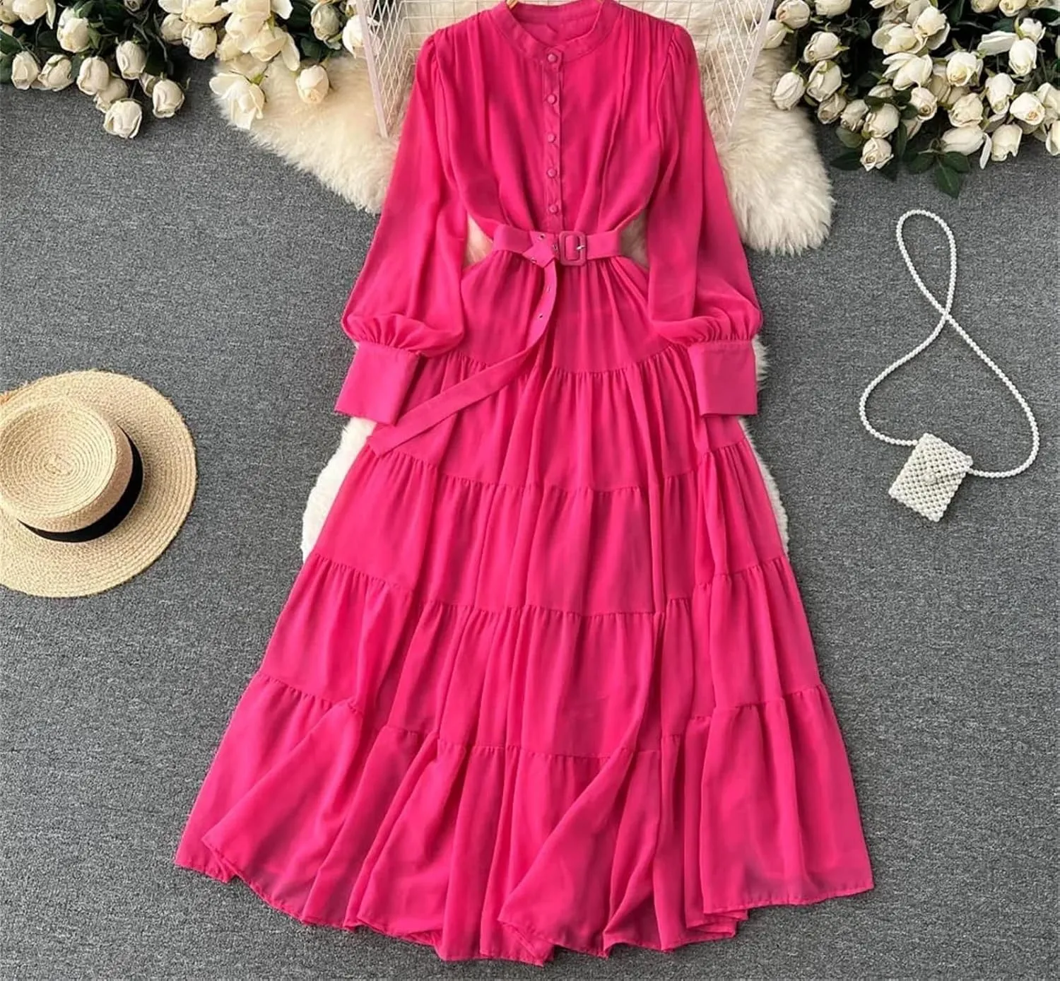 Women V Neck Spring Sashes Single Breasted Chiffon Dresses A-Line Flare Sleeve Vacation Dresses