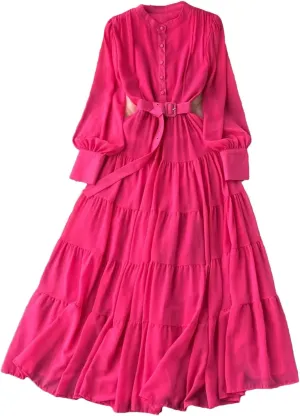 Women V Neck Spring Sashes Single Breasted Chiffon Dresses A-Line Flare Sleeve Vacation Dresses