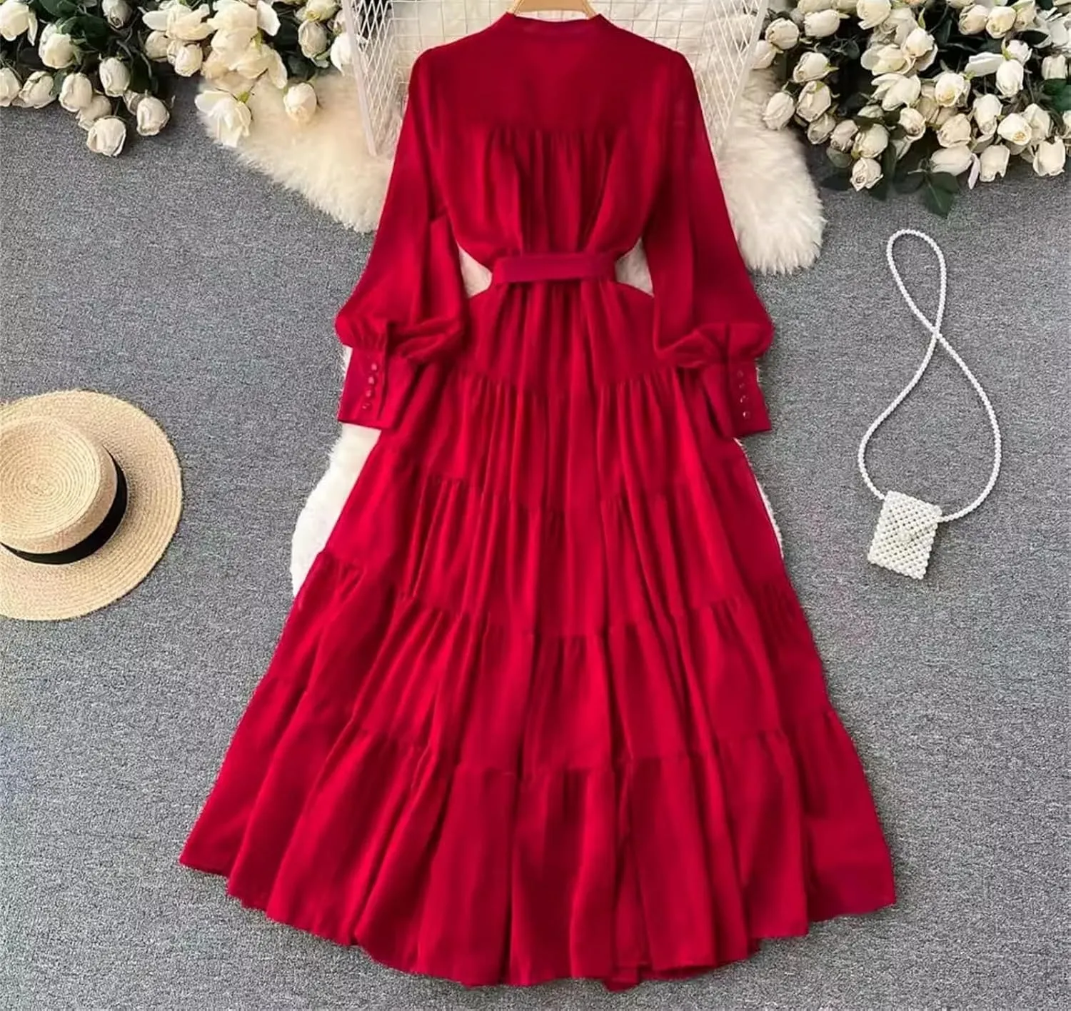 Women V Neck Spring Sashes Single Breasted Chiffon Dresses A-Line Flare Sleeve Vacation Dresses