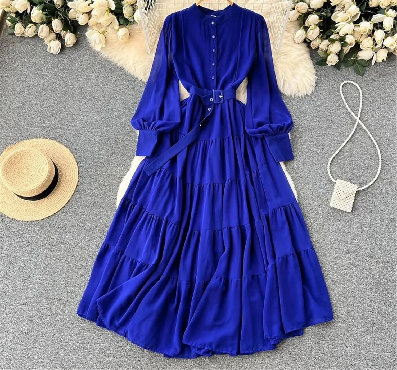 Women V Neck Spring Sashes Single Breasted Chiffon Dresses A-Line Flare Sleeve Vacation Dresses