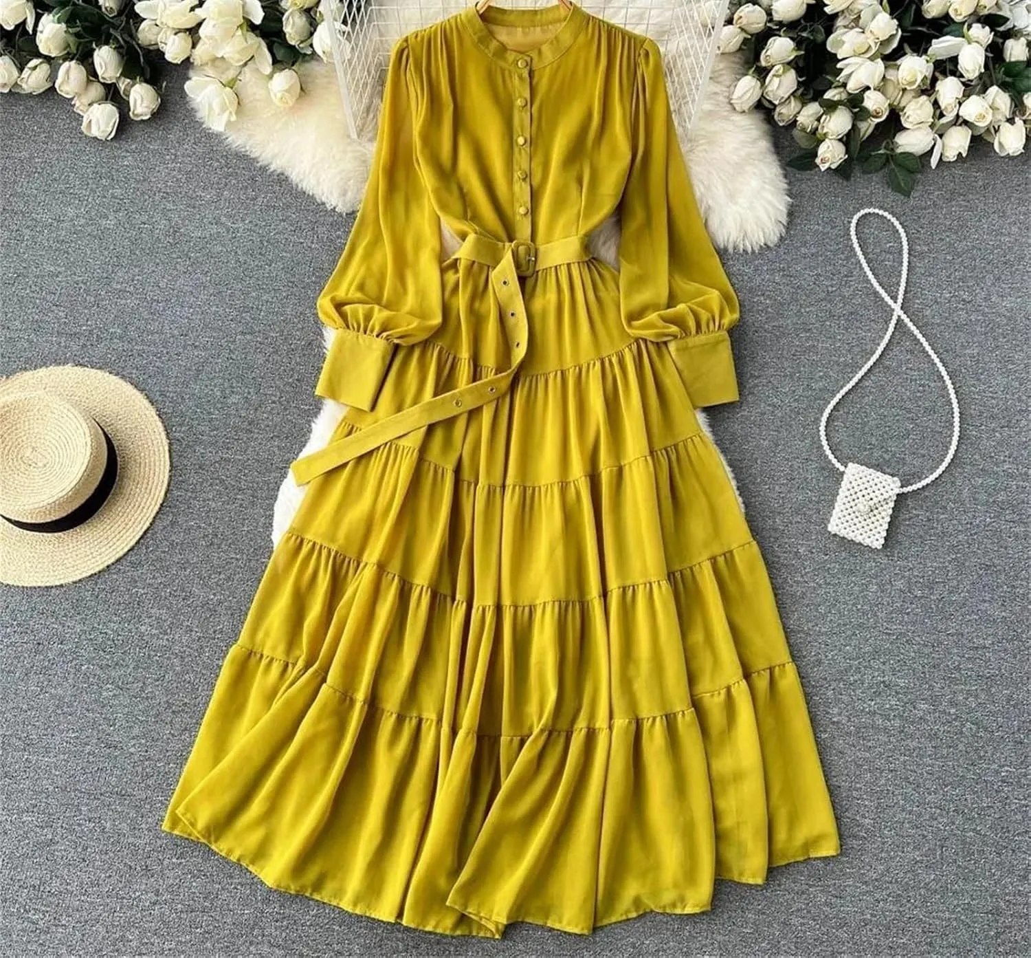 Women V Neck Spring Sashes Single Breasted Chiffon Dresses A-Line Flare Sleeve Vacation Dresses