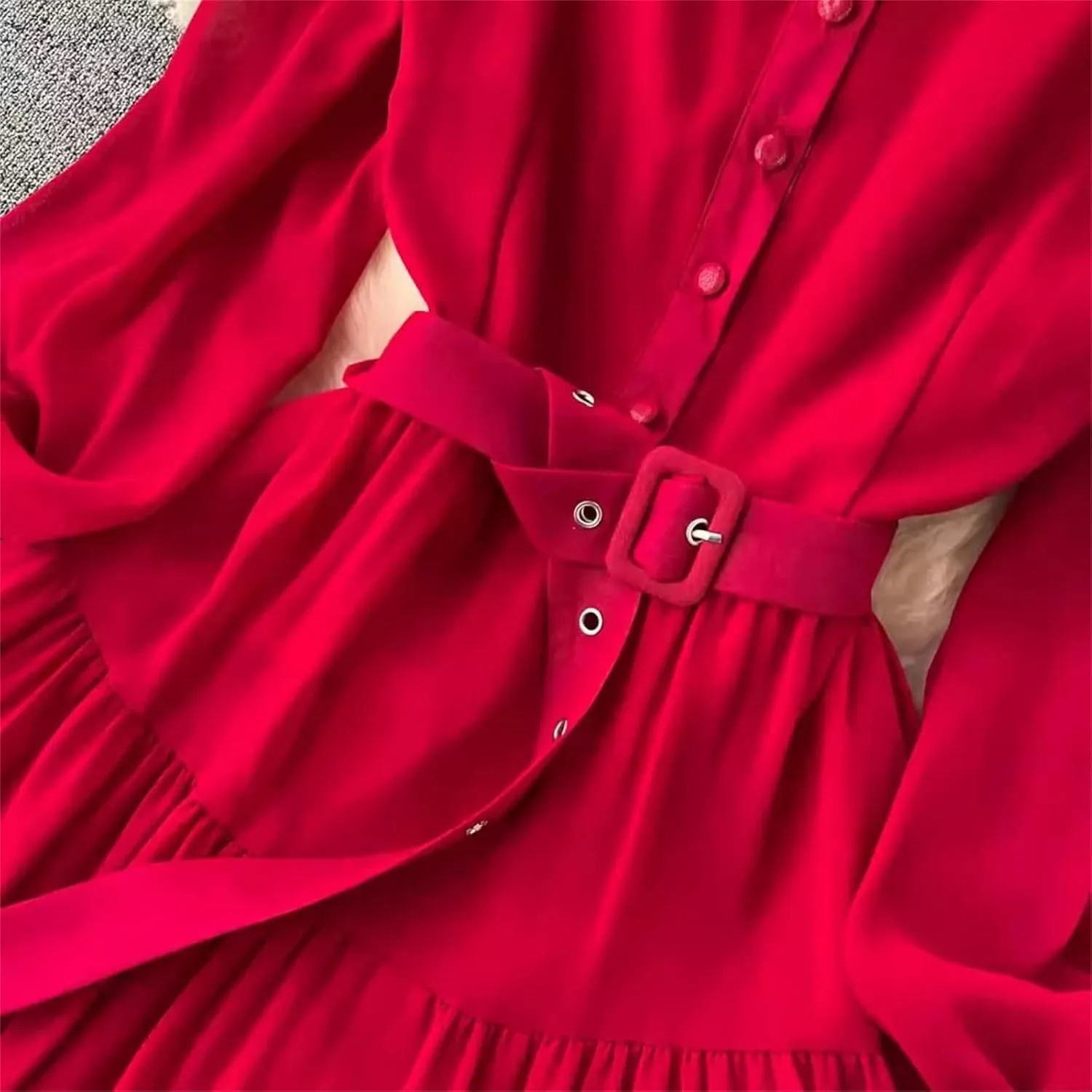 Women V Neck Spring Sashes Single Breasted Chiffon Dresses A-Line Flare Sleeve Vacation Dresses