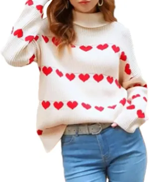 Women Valentines Day Turtleneck Sweaters for Teen Girls Heart Print Oversized Long Sleeve Knit Pullovers Tops