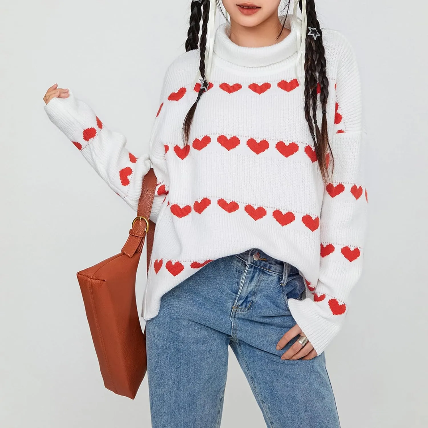 Women Valentines Day Turtleneck Sweaters for Teen Girls Heart Print Oversized Long Sleeve Knit Pullovers Tops