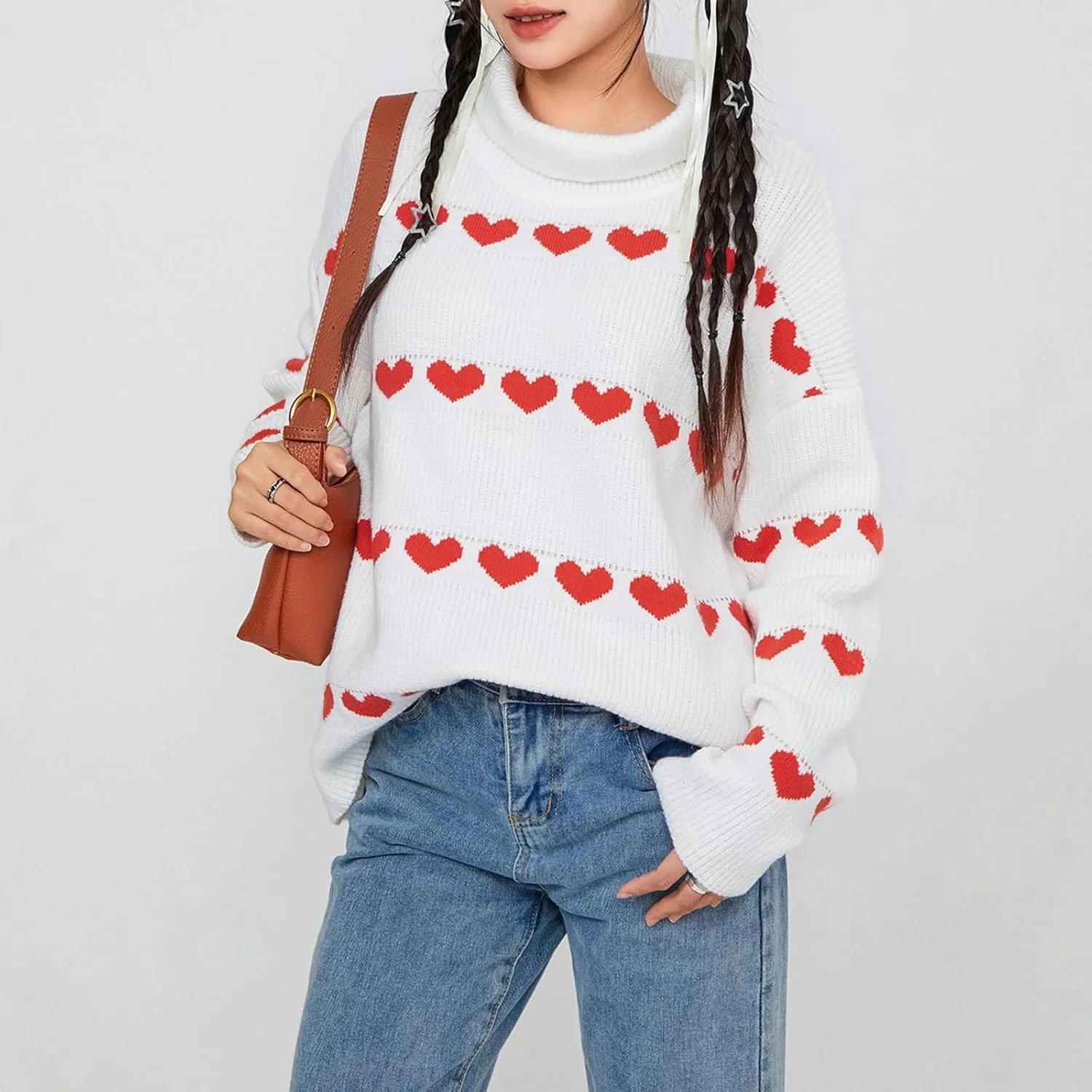 Women Valentines Day Turtleneck Sweaters for Teen Girls Heart Print Oversized Long Sleeve Knit Pullovers Tops