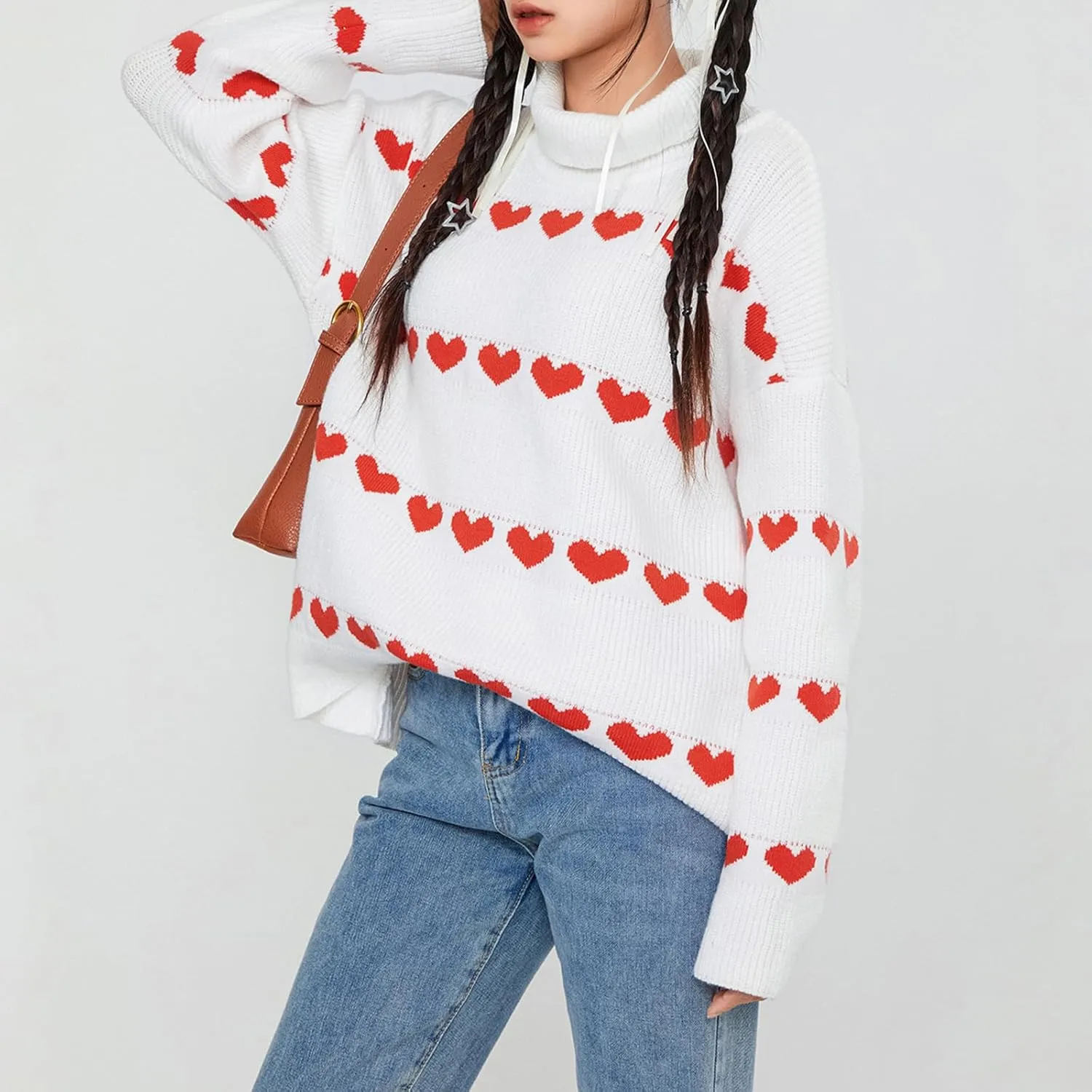 Women Valentines Day Turtleneck Sweaters for Teen Girls Heart Print Oversized Long Sleeve Knit Pullovers Tops