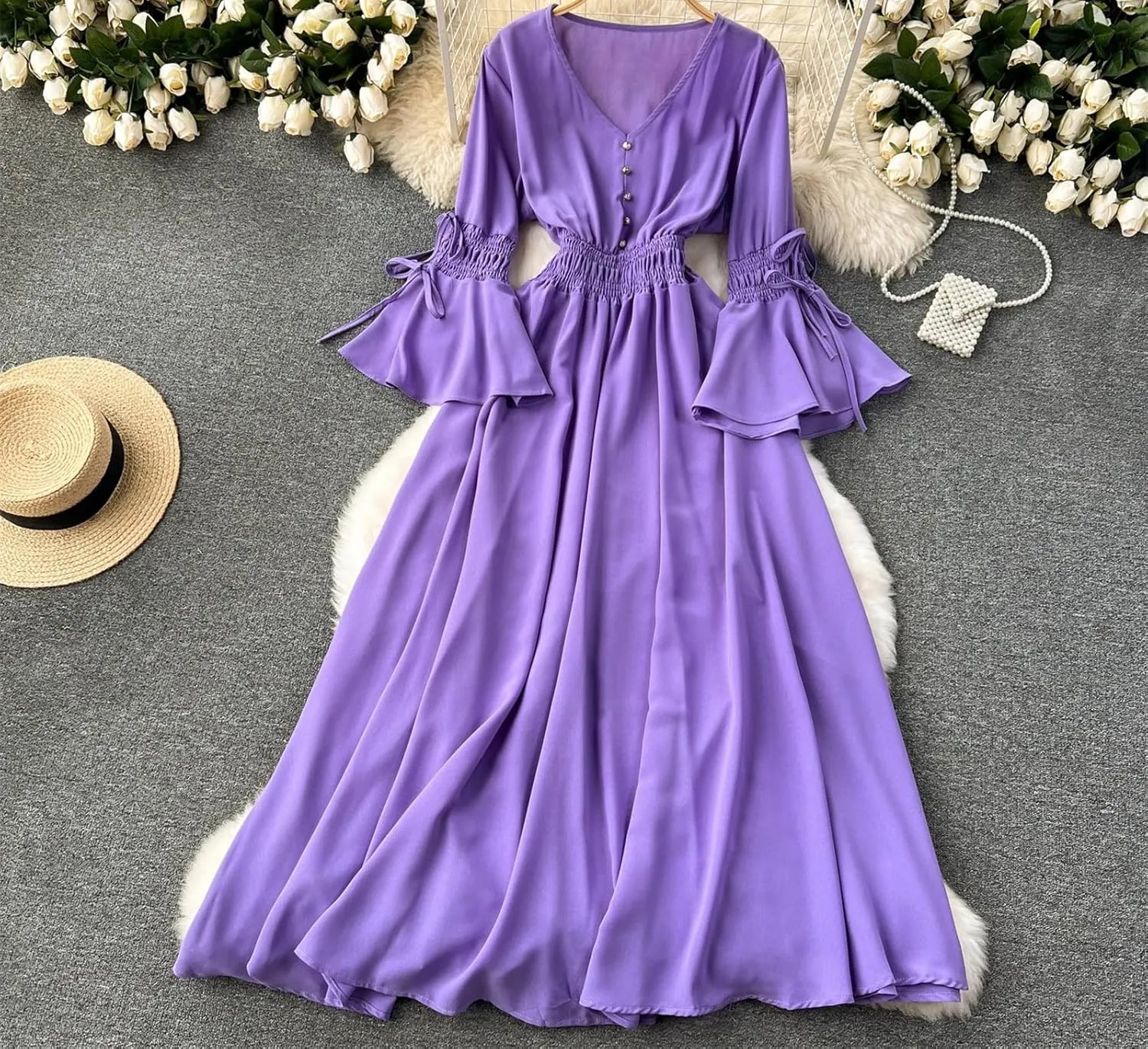 Women Vintage V-Neck Flare Sleeve Draped Ruffle Vestido Female Maxi Robe Pleated Maxi Long Dress