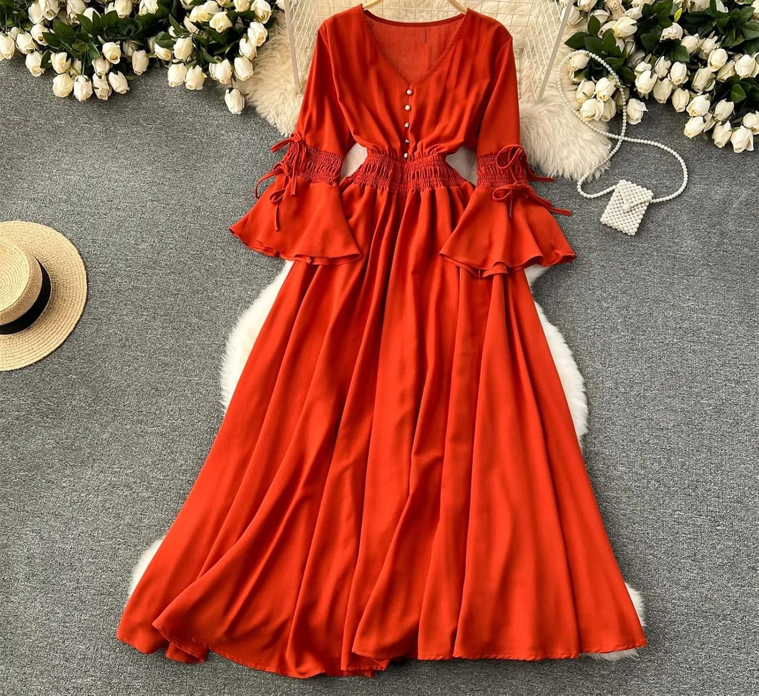 Women Vintage V-Neck Flare Sleeve Draped Ruffle Vestido Female Maxi Robe Pleated Maxi Long Dress