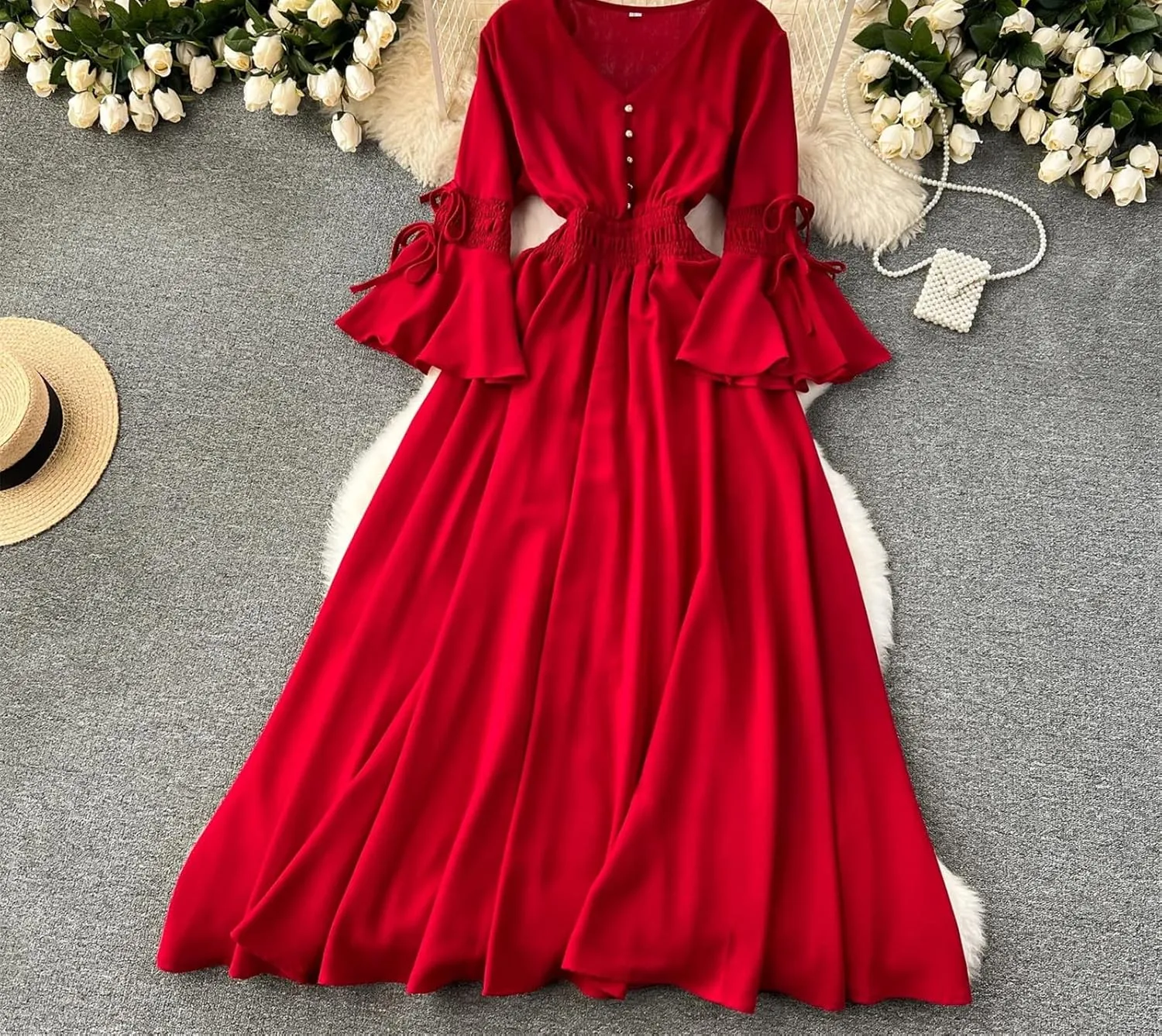 Women Vintage V-Neck Flare Sleeve Draped Ruffle Vestido Female Maxi Robe Pleated Maxi Long Dress