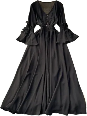 Women Vintage V-Neck Flare Sleeve Draped Ruffle Vestido Female Maxi Robe Pleated Maxi Long Dress