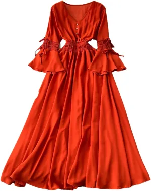 Women Vintage V-Neck Flare Sleeve Draped Ruffle Vestido Female Maxi Robe Pleated Maxi Long Dress