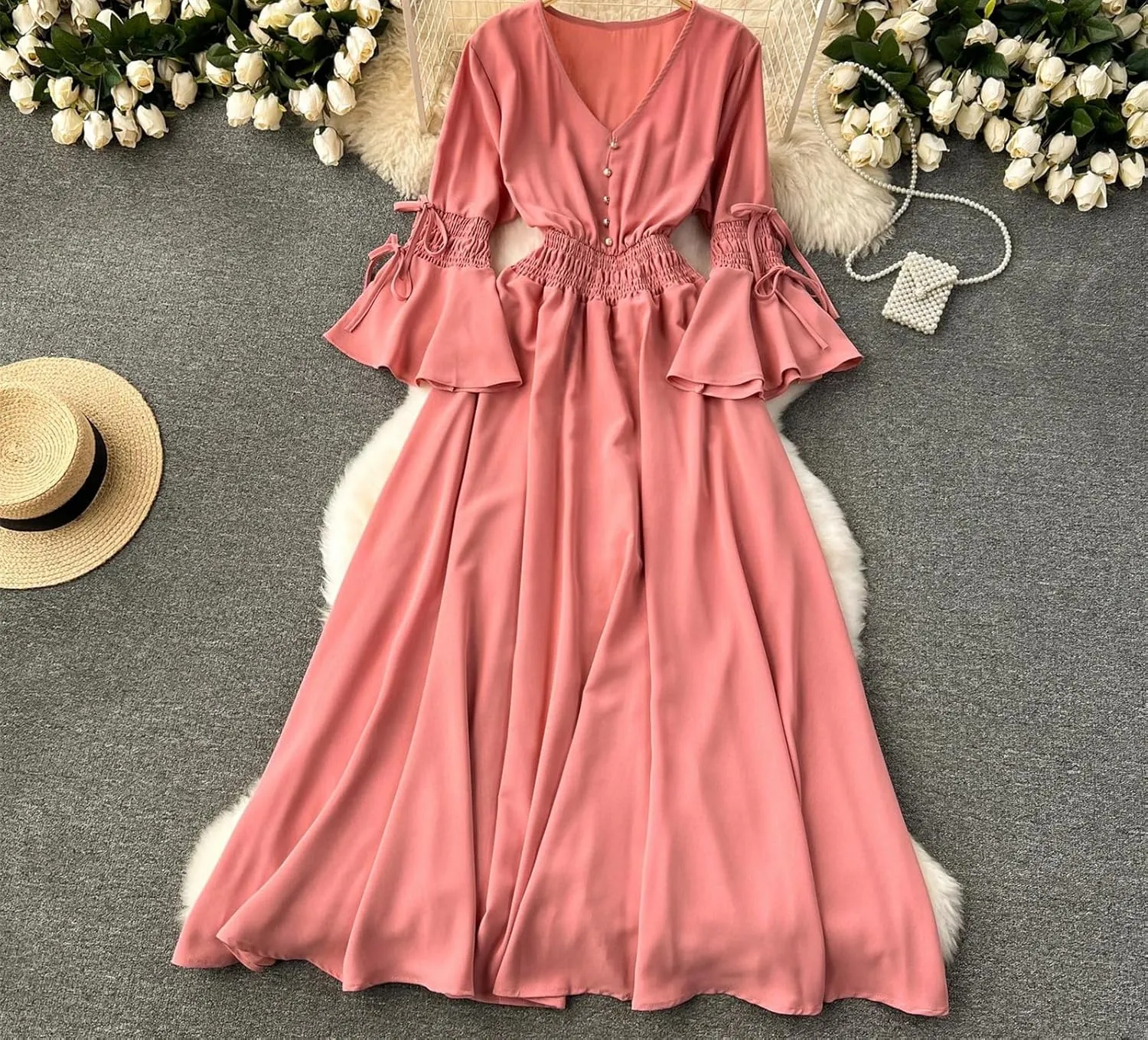 Women Vintage V-Neck Flare Sleeve Draped Ruffle Vestido Female Maxi Robe Pleated Maxi Long Dress