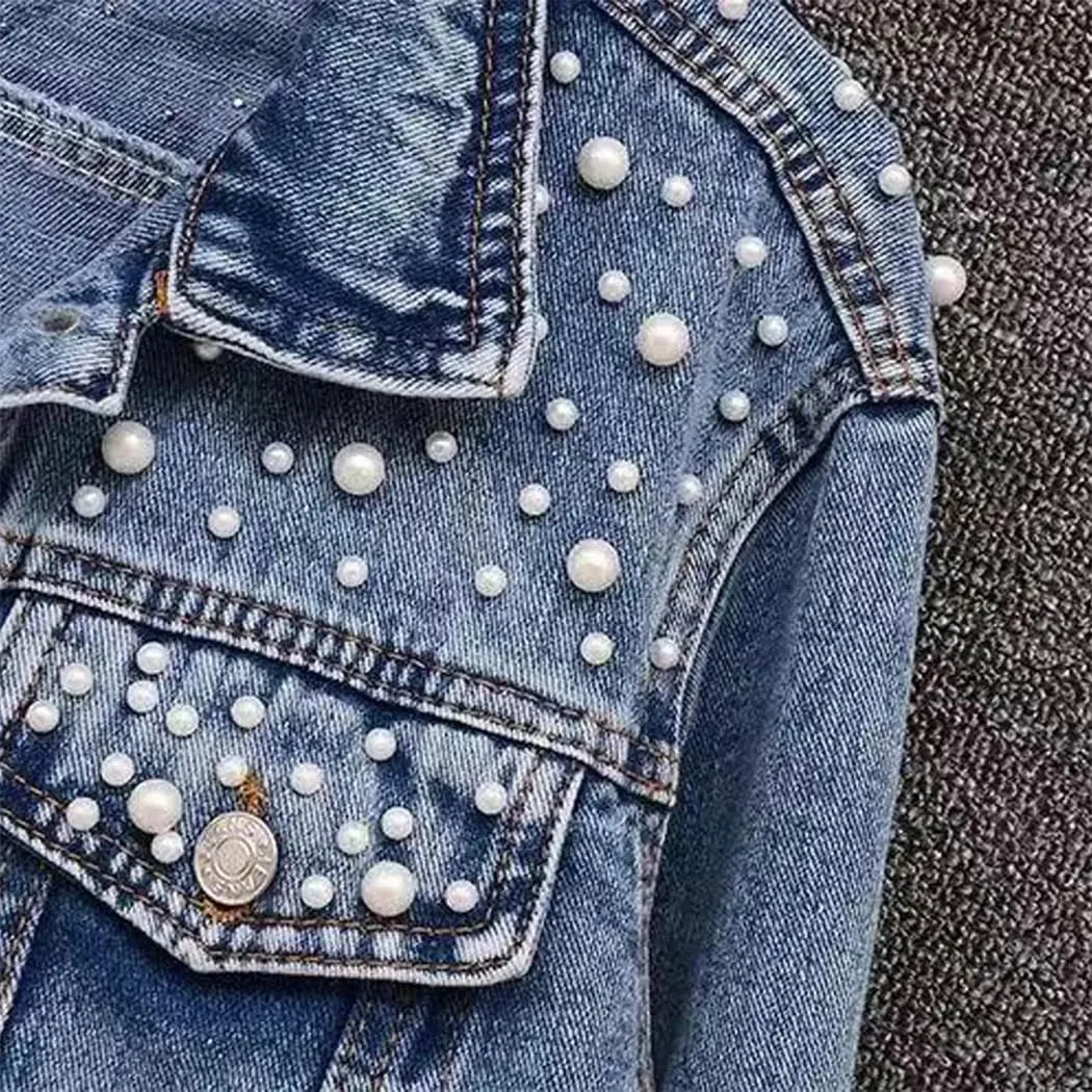 Women Winter Solid O-Neck Denim Jacket Embroidered Pearls Beaded Denim Jacket Coat