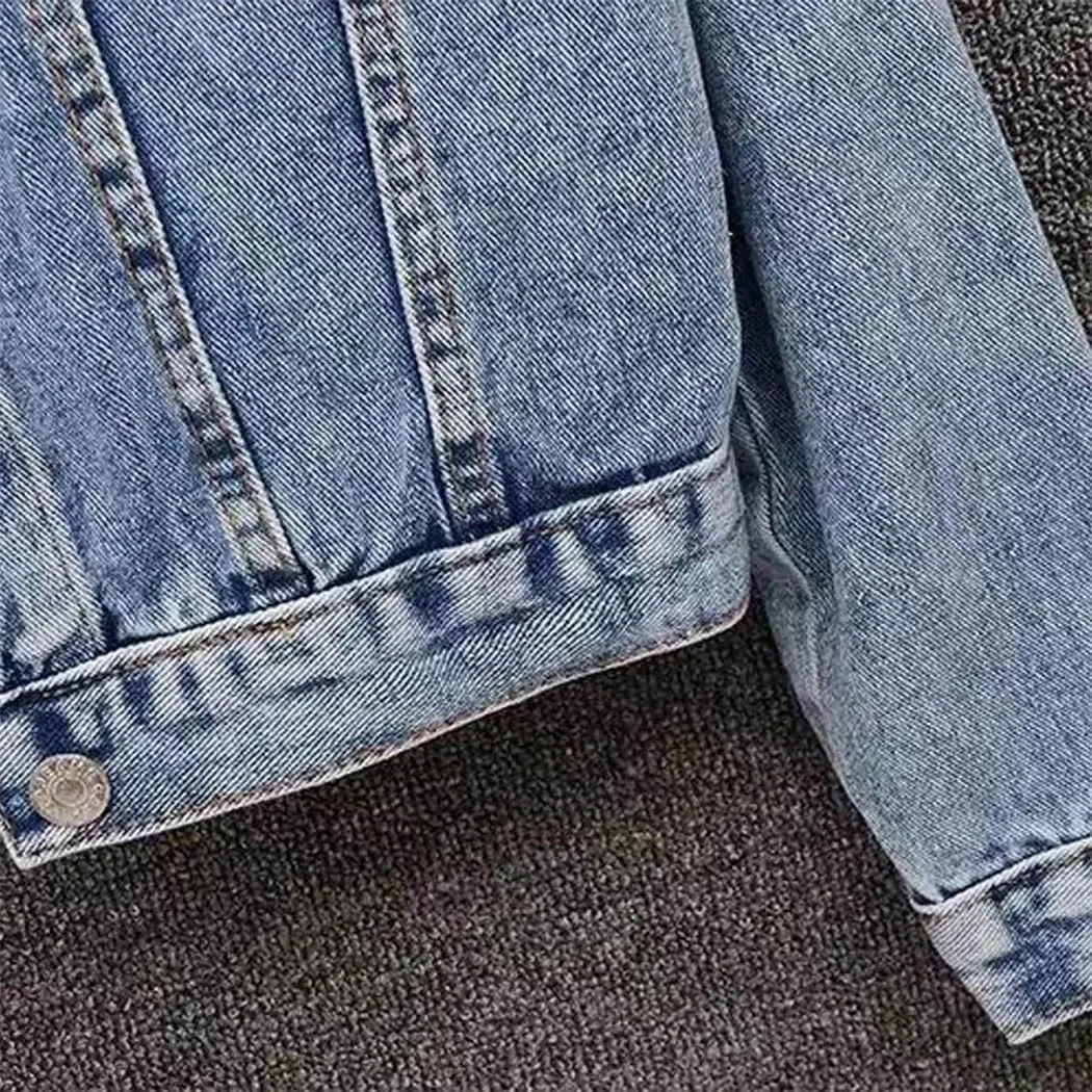 Women Winter Solid O-Neck Denim Jacket Embroidered Pearls Beaded Denim Jacket Coat
