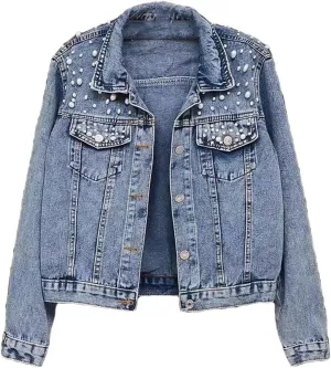 Women Winter Solid O-Neck Denim Jacket Embroidered Pearls Beaded Denim Jacket Coat