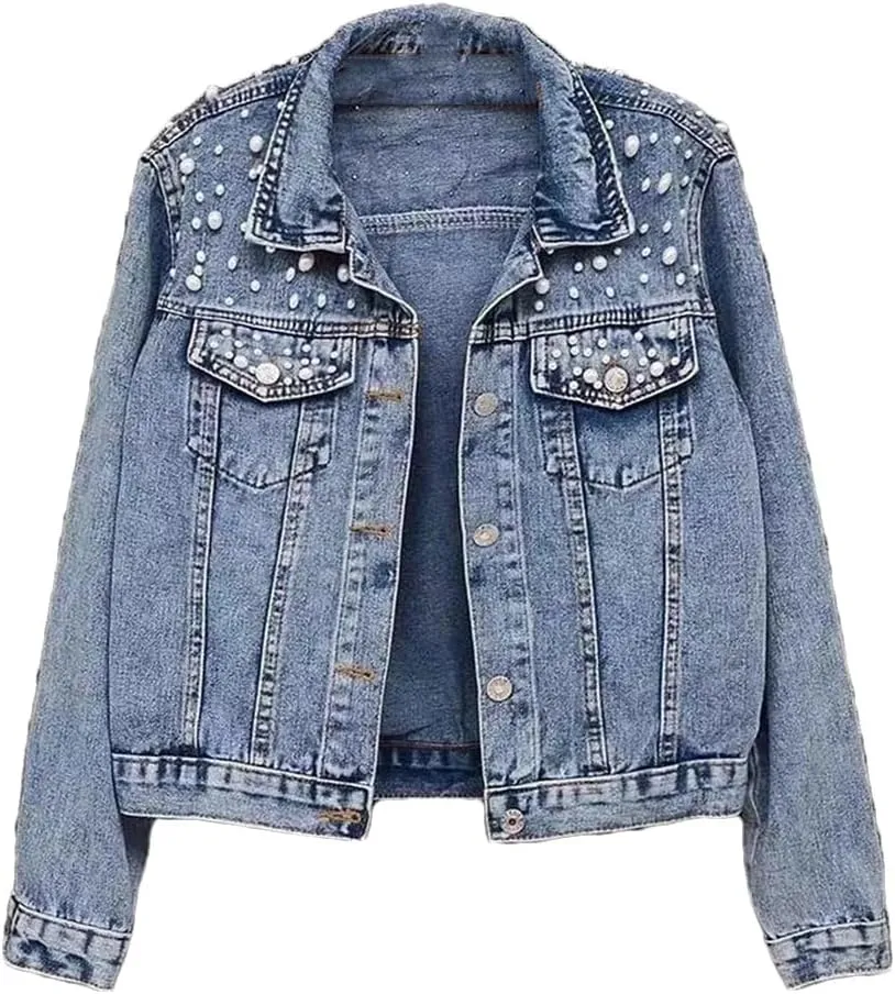Women Winter Solid O-Neck Denim Jacket Embroidered Pearls Beaded Denim Jacket Coat