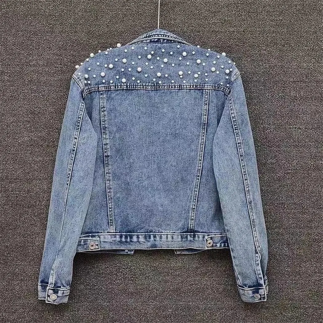 Women Winter Solid O-Neck Denim Jacket Embroidered Pearls Beaded Denim Jacket Coat