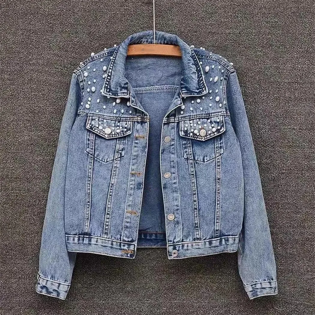 Women Winter Solid O-Neck Denim Jacket Embroidered Pearls Beaded Denim Jacket Coat
