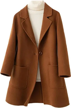 Women Wool Coat Long Double-Faced Wool Overcoat Fashion Suit Collar Outerwear