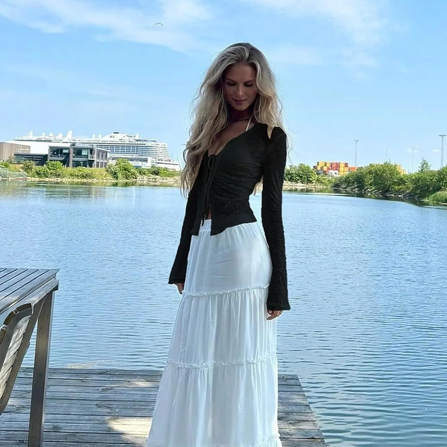 Women Y2k Lace See Through Top Sheer Mesh Deep V Neck Bell Long Sleeve Tie Front Floral Lace Sexy Going Out Slim Fit Blouse