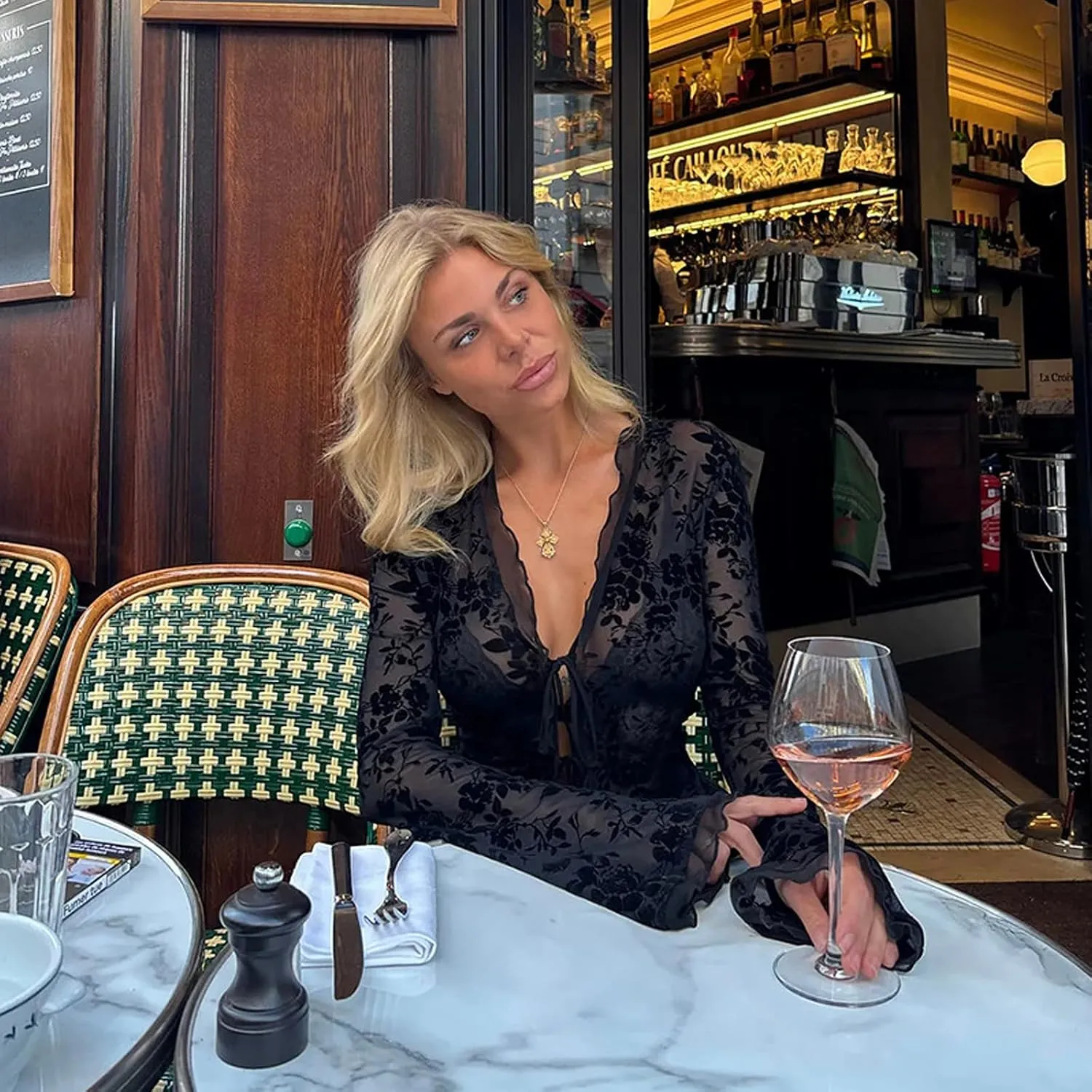 Women Y2k Lace See Through Top Sheer Mesh Deep V Neck Bell Long Sleeve Tie Front Floral Lace Sexy Going Out Slim Fit Blouse