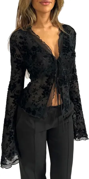 Women Y2k Lace See Through Top Sheer Mesh Deep V Neck Bell Long Sleeve Tie Front Floral Lace Sexy Going Out Slim Fit Blouse