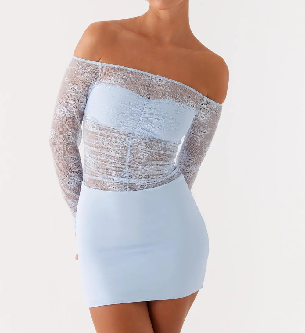 Women Y2K Off Shoulder Lace Mini Dress Sexy Long Sleeve Sheer Patchwork Bodycon Party Club Dress Evening Cocktail