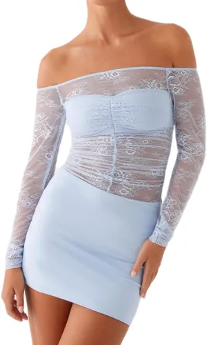 Women Y2K Off Shoulder Lace Mini Dress Sexy Long Sleeve Sheer Patchwork Bodycon Party Club Dress Evening Cocktail