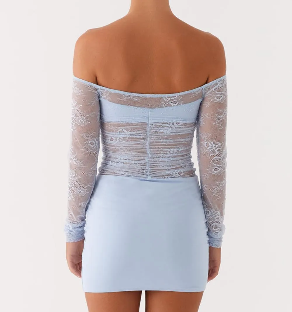 Women Y2K Off Shoulder Lace Mini Dress Sexy Long Sleeve Sheer Patchwork Bodycon Party Club Dress Evening Cocktail