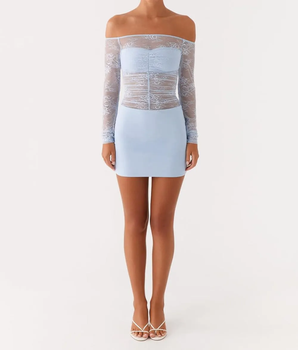 Women Y2K Off Shoulder Lace Mini Dress Sexy Long Sleeve Sheer Patchwork Bodycon Party Club Dress Evening Cocktail