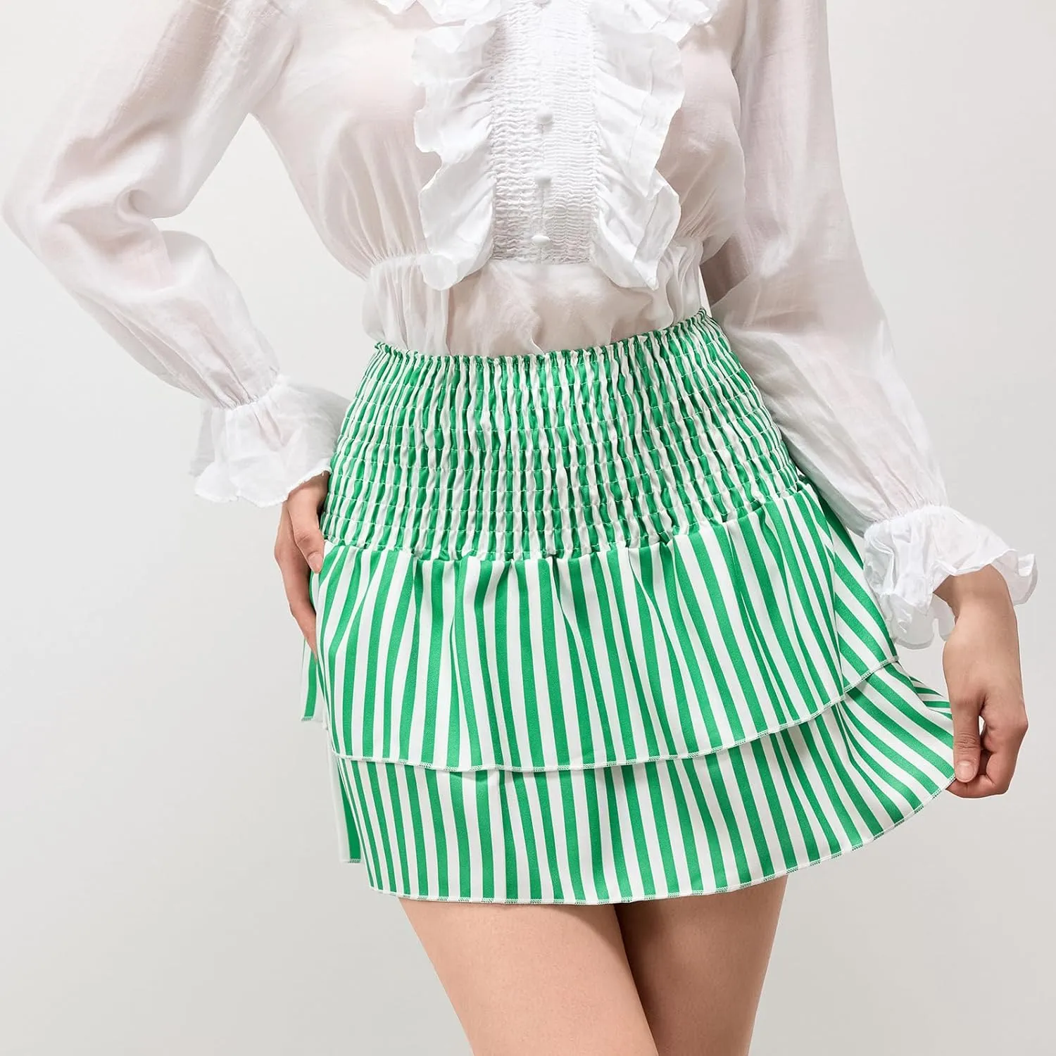 Women Y2k Ruffle Fairy Mini Skirt Floral Striped Elastic High Waist Short Skirt Boho Layered Pleated Skirt