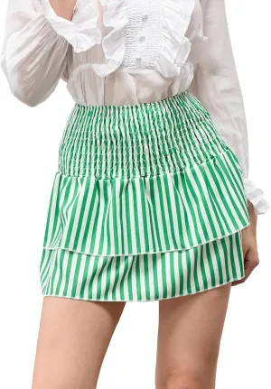 Women Y2k Ruffle Fairy Mini Skirt Floral Striped Elastic High Waist Short Skirt Boho Layered Pleated Skirt
