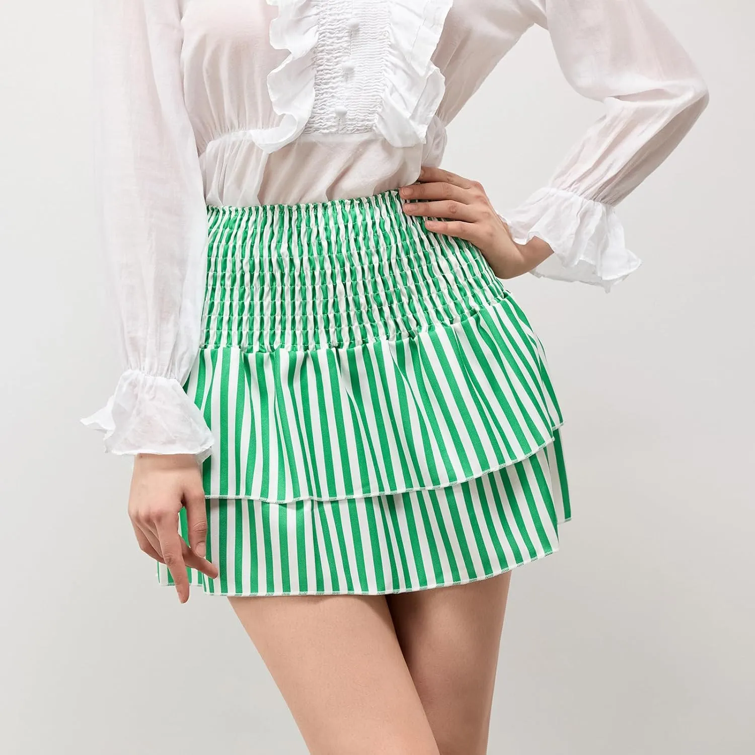 Women Y2k Ruffle Fairy Mini Skirt Floral Striped Elastic High Waist Short Skirt Boho Layered Pleated Skirt