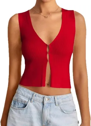 Women Y2k V Neck Button Down Knit Crop Tanks Casual Slim Fit Sleeveless Open Front Rib Knit Going Out Top Vests