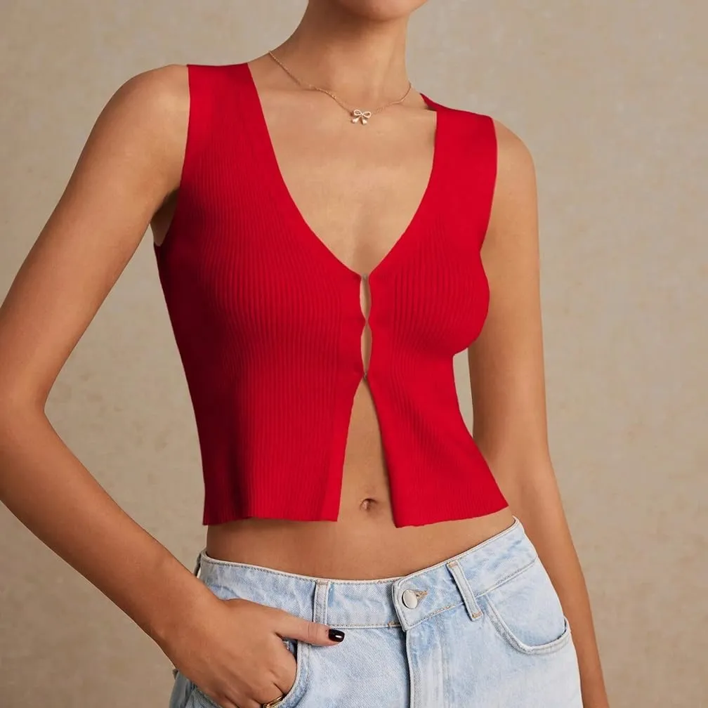 Women Y2k V Neck Button Down Knit Crop Tanks Casual Slim Fit Sleeveless Open Front Rib Knit Going Out Top Vests