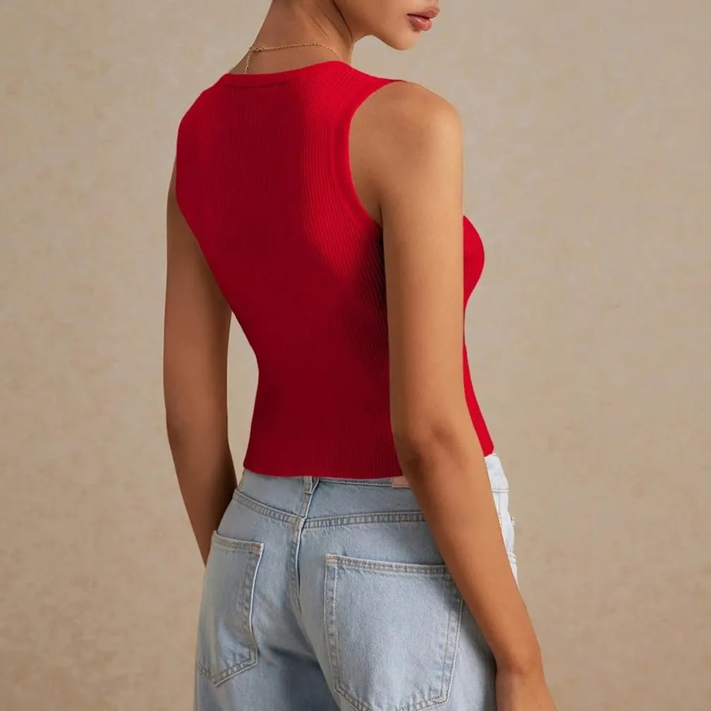 Women Y2k V Neck Button Down Knit Crop Tanks Casual Slim Fit Sleeveless Open Front Rib Knit Going Out Top Vests