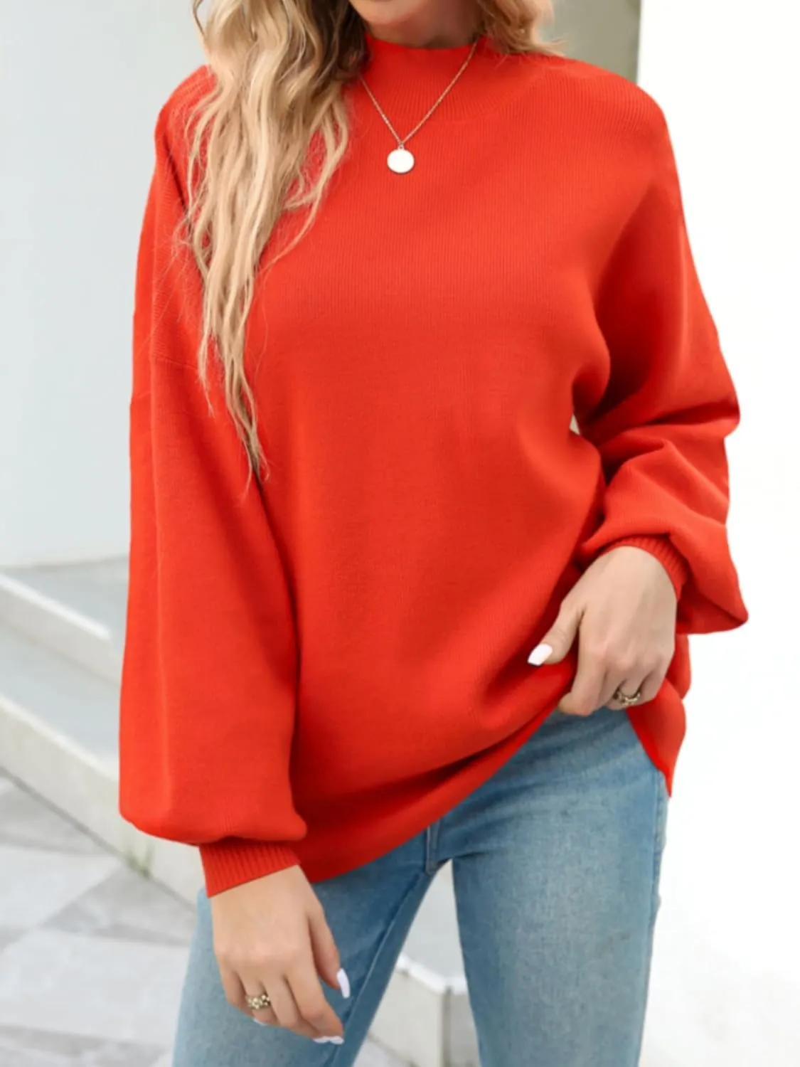 Women's 2024 Fall Fashion Mock Neck Long Lantern Sleeve Oversized Sweaters Loose Knit Pullover Sweater Tops