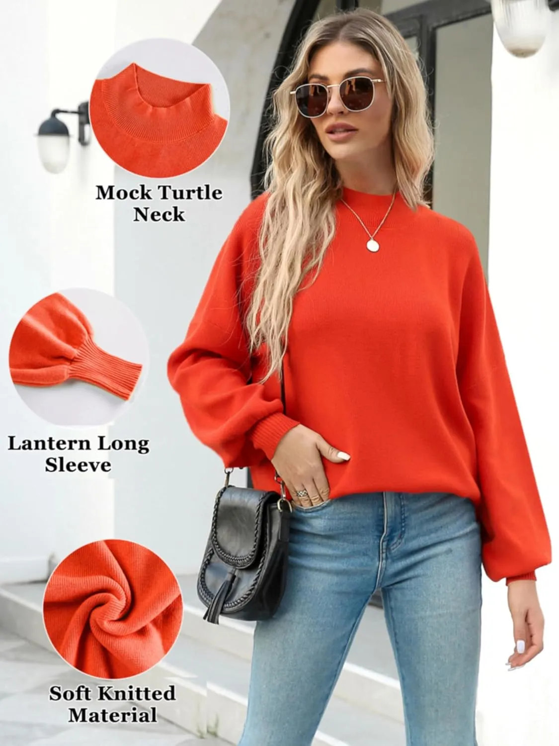 Women's 2024 Fall Fashion Mock Neck Long Lantern Sleeve Oversized Sweaters Loose Knit Pullover Sweater Tops