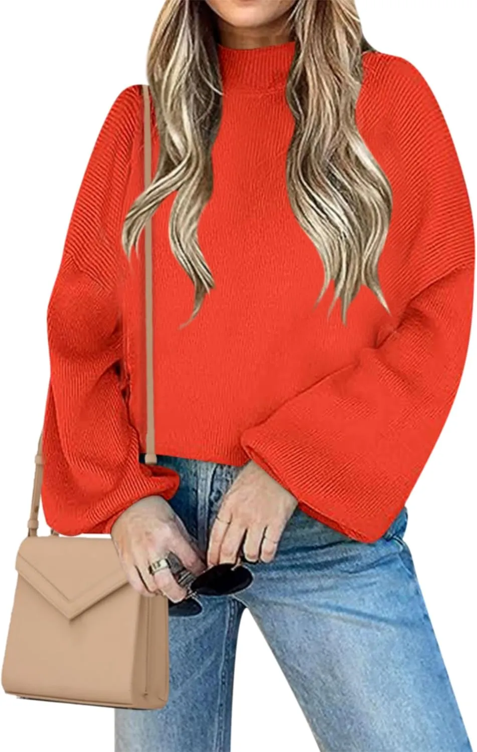 Women's 2024 Fall Fashion Mock Neck Long Lantern Sleeve Oversized Sweaters Loose Knit Pullover Sweater Tops