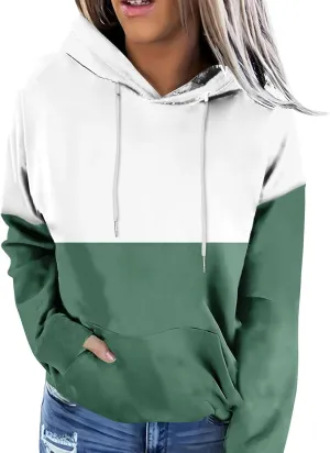 Womens 2024 Hooded Color Block Drawstring Hoodies Pullover Sweatshirts Casual Long Sleeve Tops Shirts Fall Winter